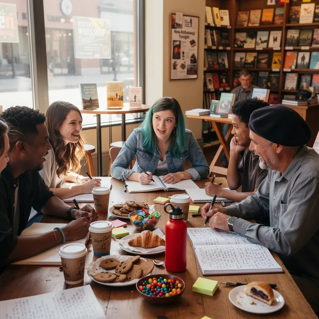 Ein stilvolles Schaufenster der Buchhandlung, dekoriert mit aktuellen Bestseller-Titeln und bunten Plakaten von Autorenveranstaltungen.