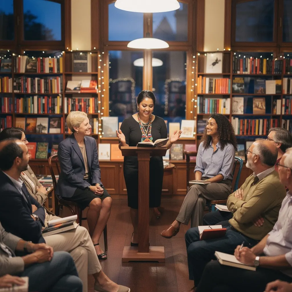 Eine Gruppe von Menschen, die sich bei einem literarischen Event in der Buchhandlung engagiert unterhalten und austauschen.